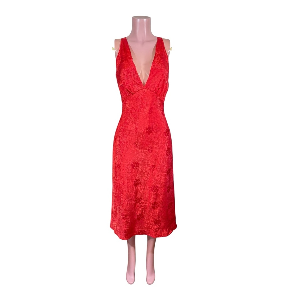 Vtg‎ Val Mode Red Satin Nightgown Slip Dress Womans S 90s Floral Appliqué V Neck